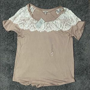 BKE Blouse tan with white lace NWT